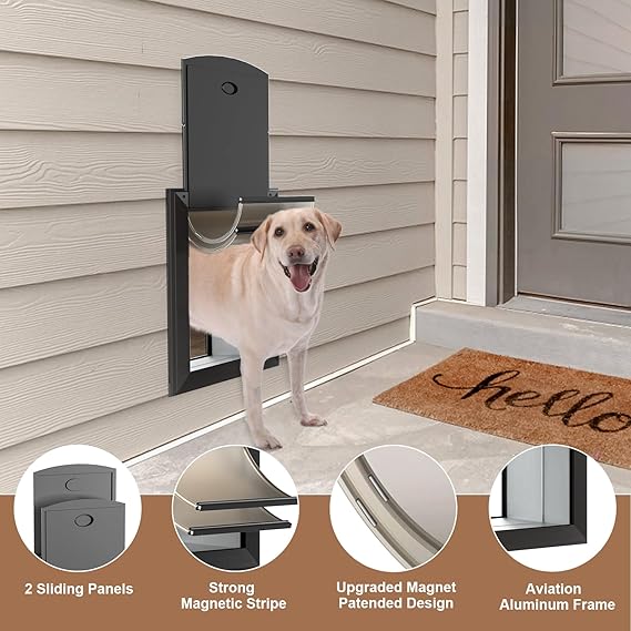 Extra‑Large Wall‑Mount Dog Door – Heavy Duty Aluminum, Telescoping Tunnel, Double Magnetic Flaps + Double Sliding Lock Panels (up to 220 lb), Smoky Gray